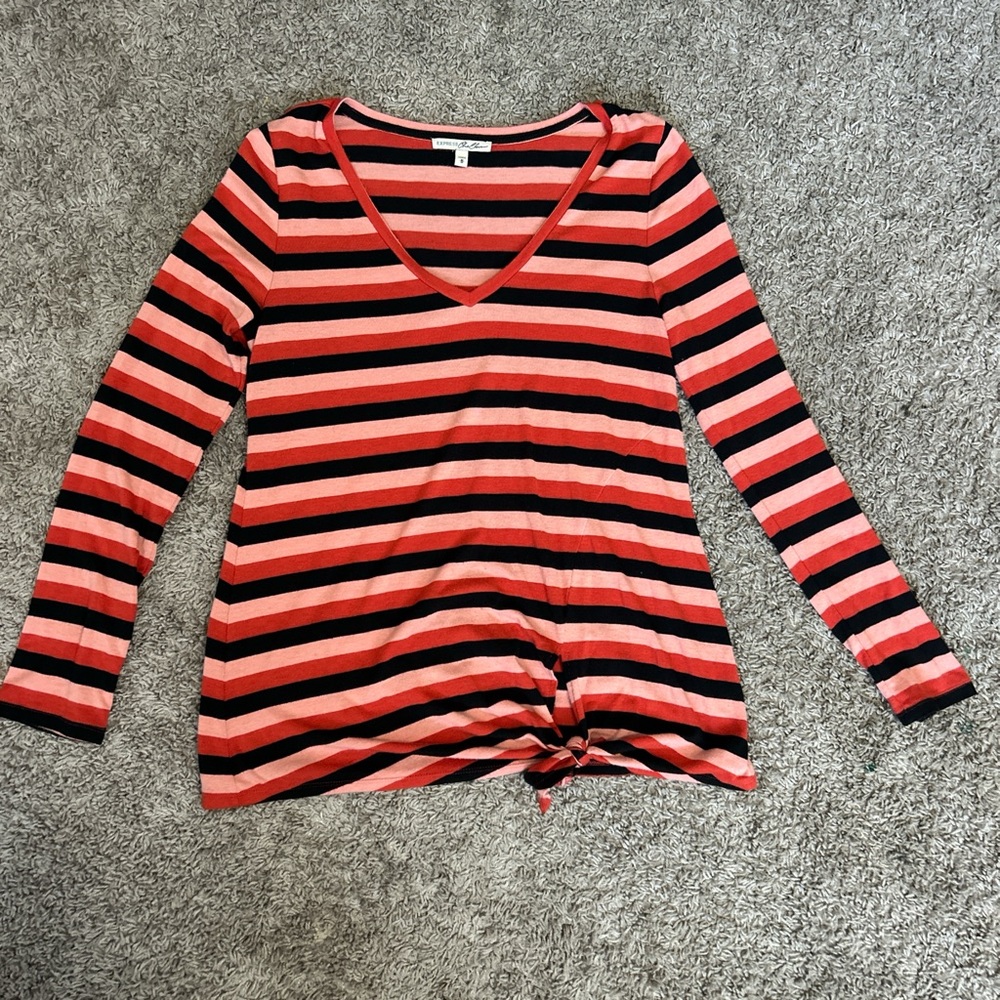 Express Red and Black Striped V-Neck Blouse